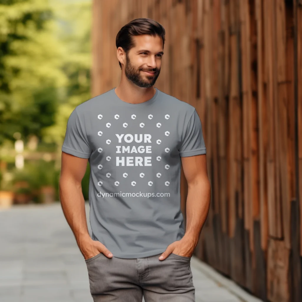 Man Wearing Gray T-shirt Mockup Front View Template