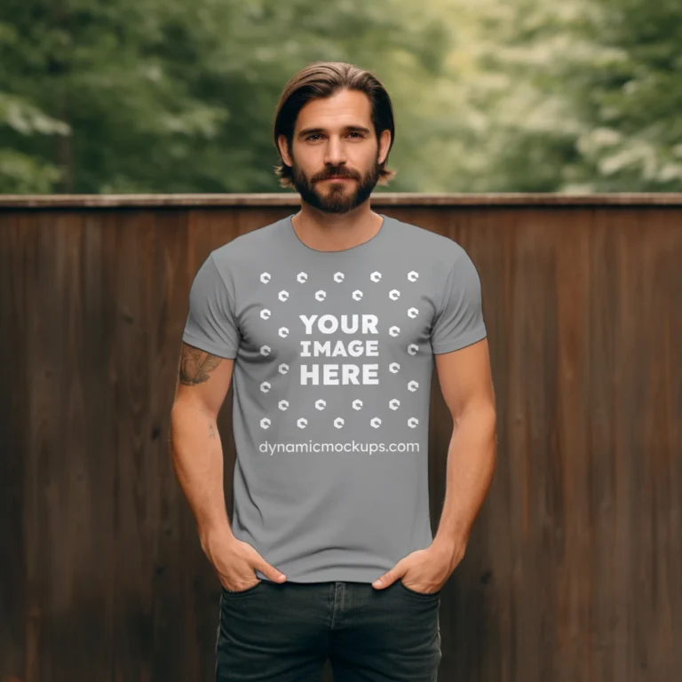 Man Wearing Gray T-shirt Mockup Front View Template