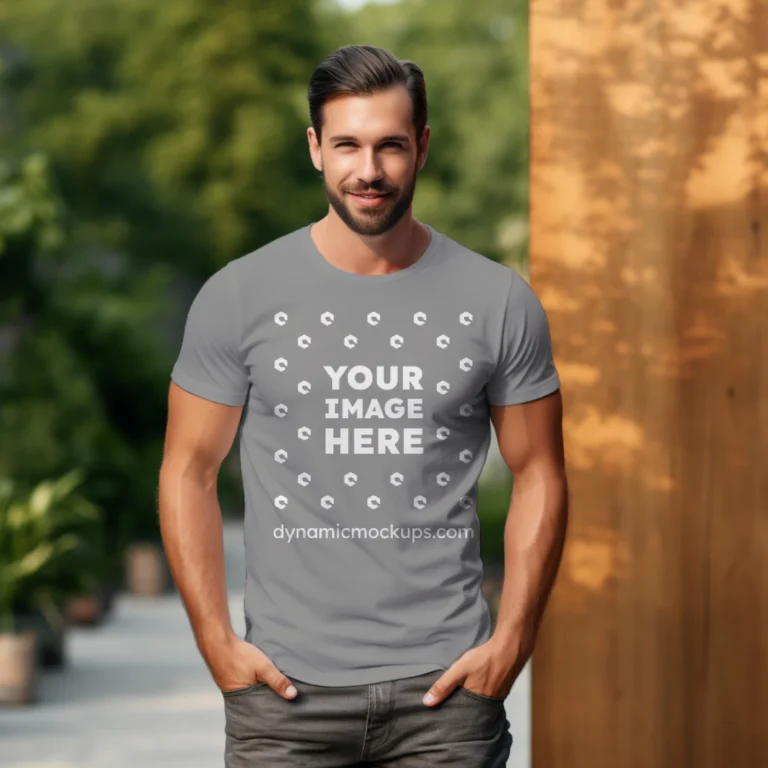 Man Wearing Gray T-shirt Mockup Front View Template