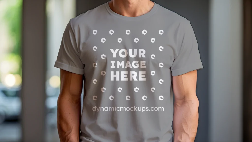 Man Wearing Gray T-shirt Mockup Front View Template