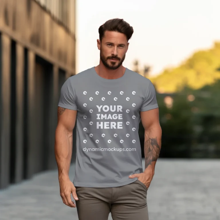 Man Wearing Gray T-shirt Mockup Front View Template