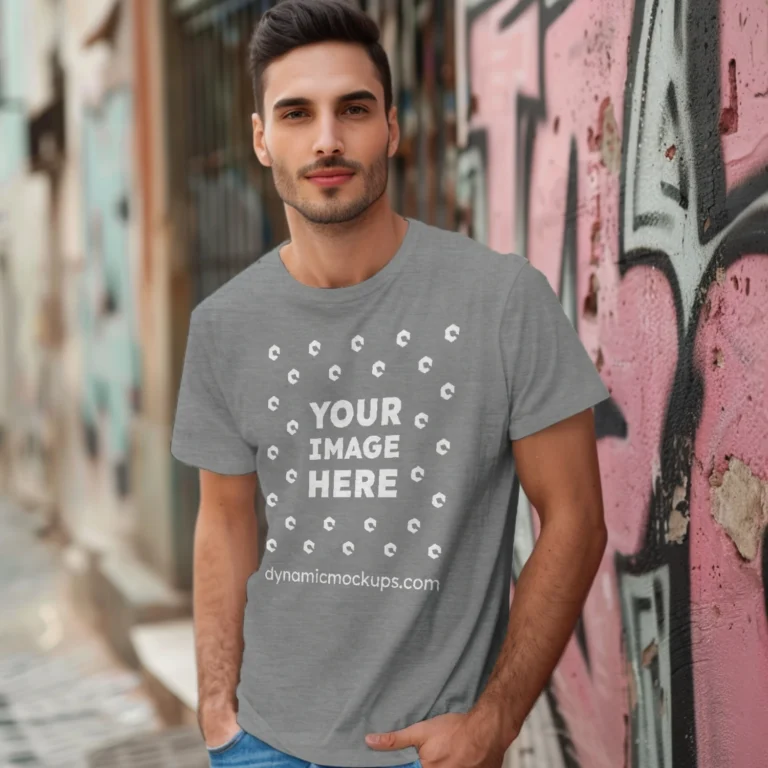 Man Wearing Gray T-shirt Mockup Front View Template