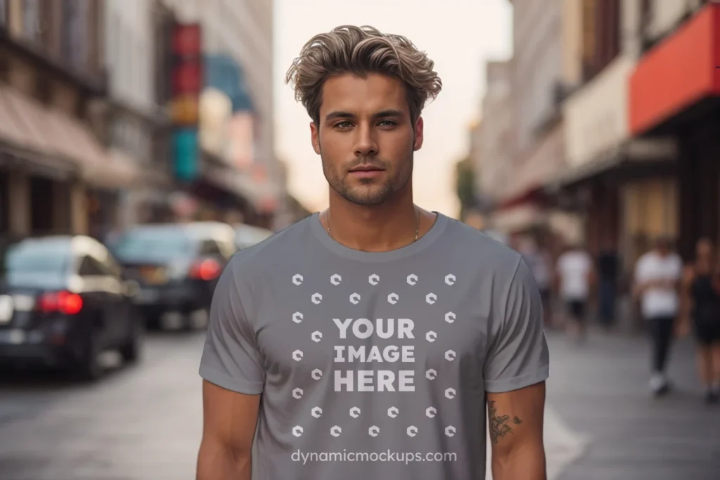 Man Wearing Gray T-shirt Mockup Front View Template