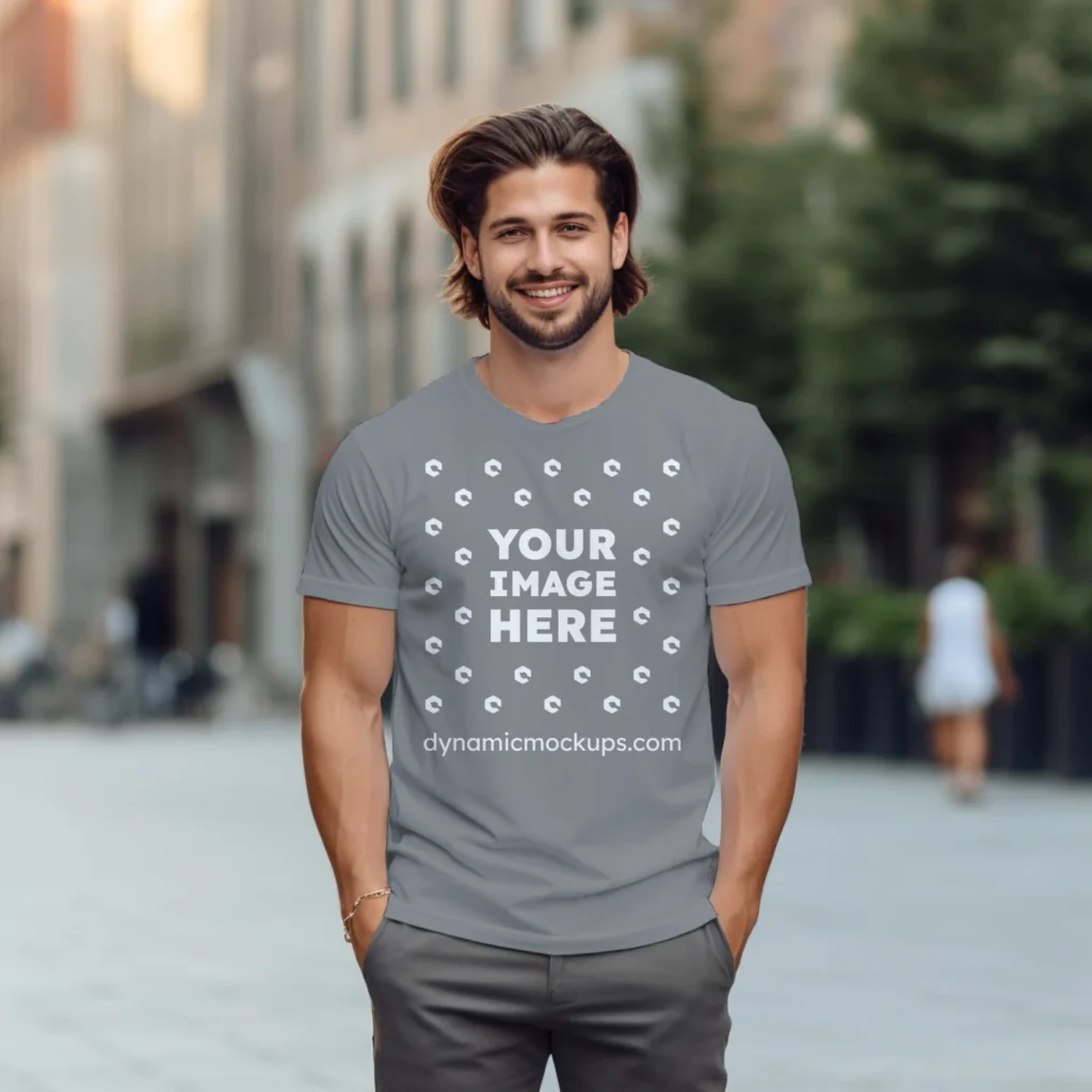 Man Wearing Gray T-shirt Mockup Front View Template