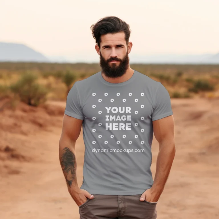 Man Wearing Gray T-shirt Mockup Front View Template