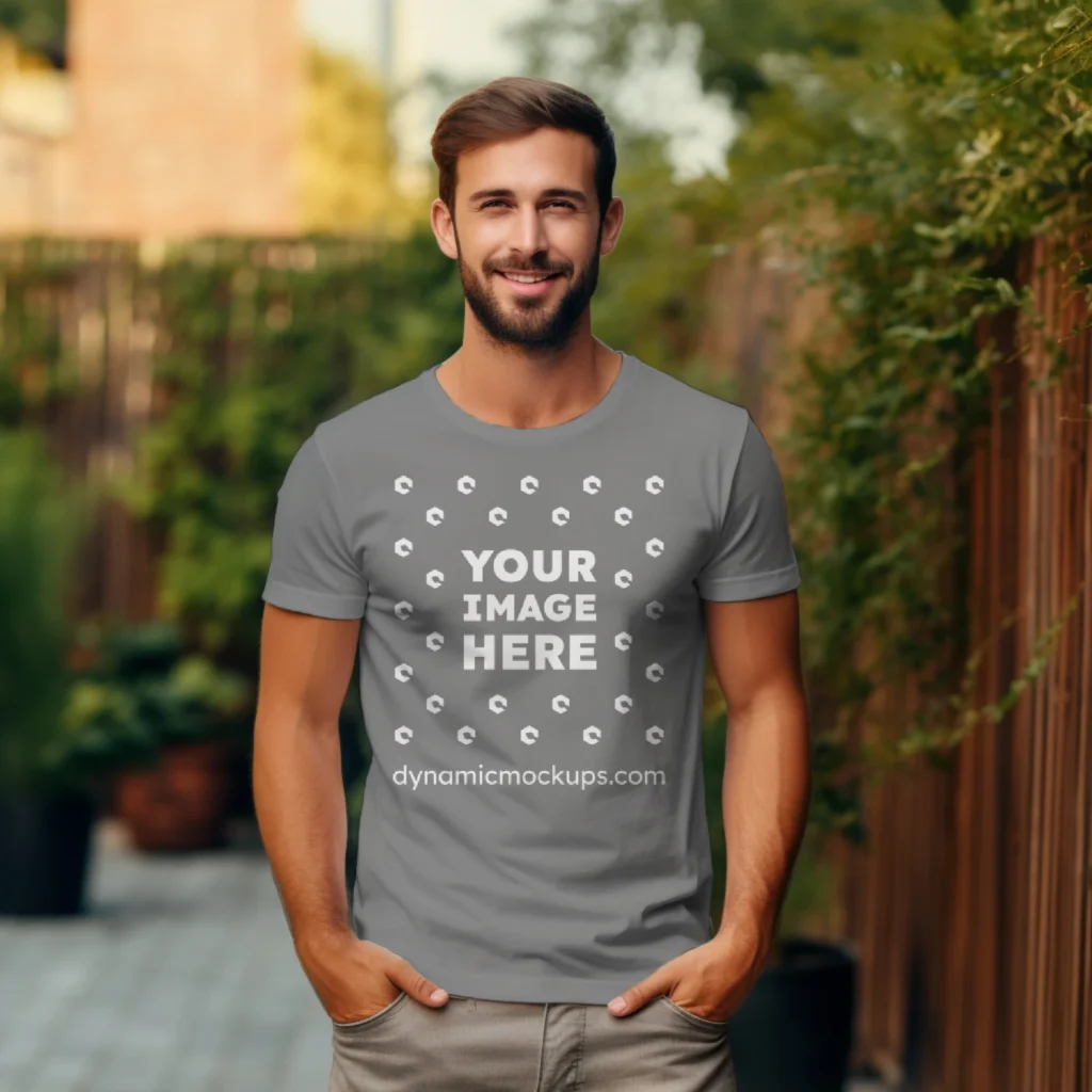 Man Wearing Gray T-shirt Mockup Front View Template