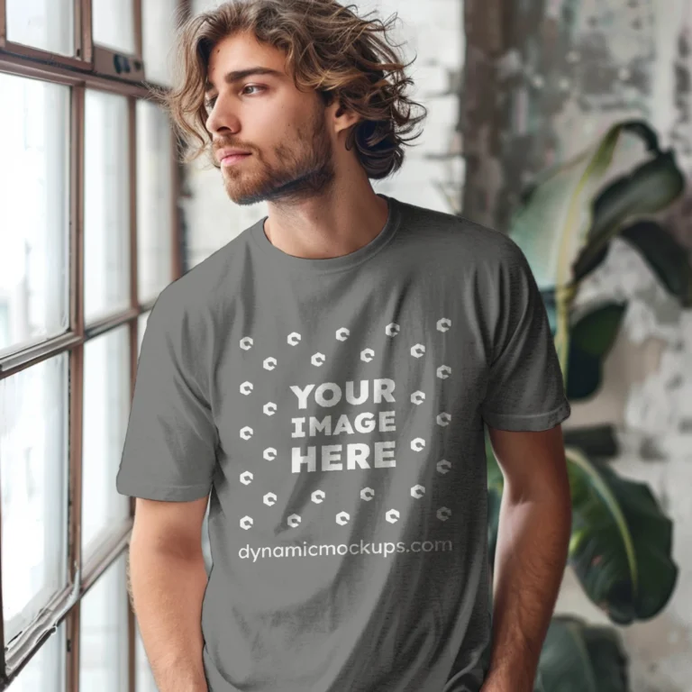 Man Wearing Gray T-shirt Mockup Front View Template