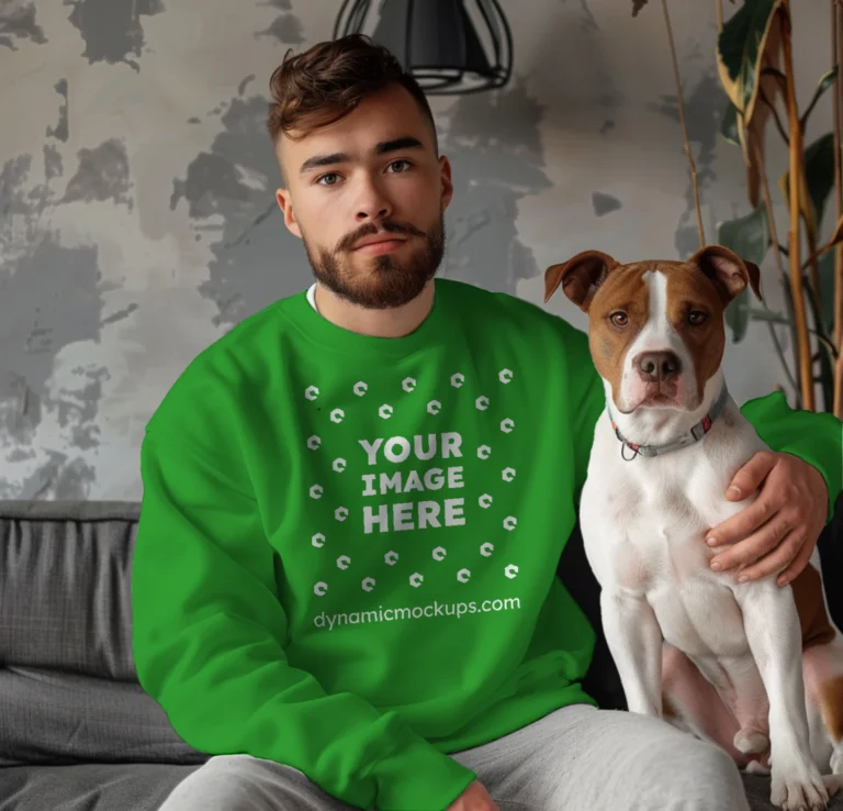 Man Wearing Green Sweatshirt Mockup Front View Template