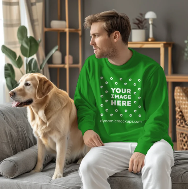 Man Wearing Green Sweatshirt Mockup Front View Template