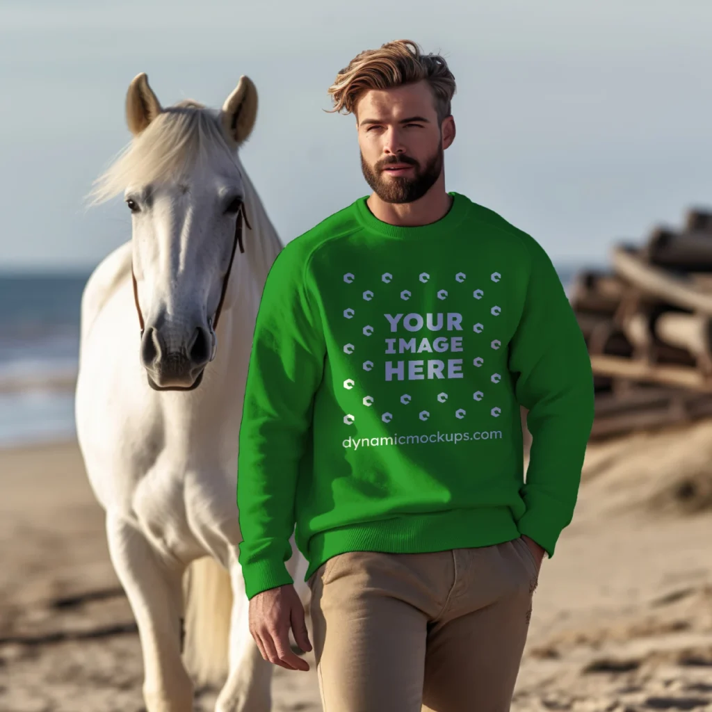 Man Wearing Green Sweatshirt Mockup Front View Template