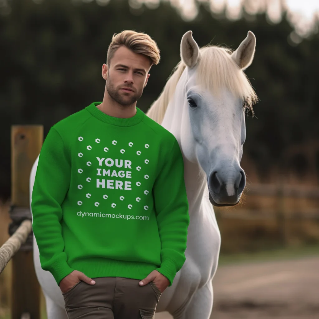 Man Wearing Green Sweatshirt Mockup Front View Template