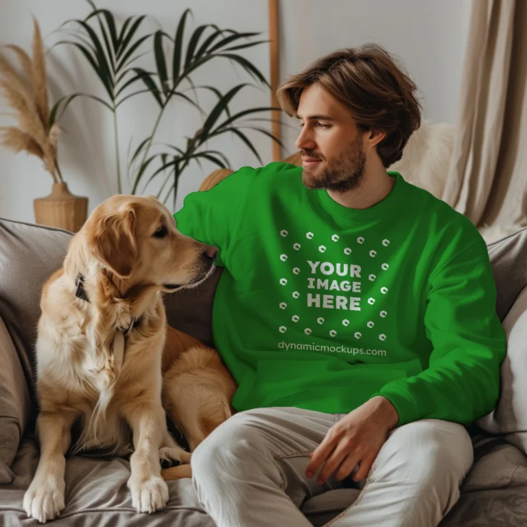 Man Wearing Green Sweatshirt Mockup Front View Template