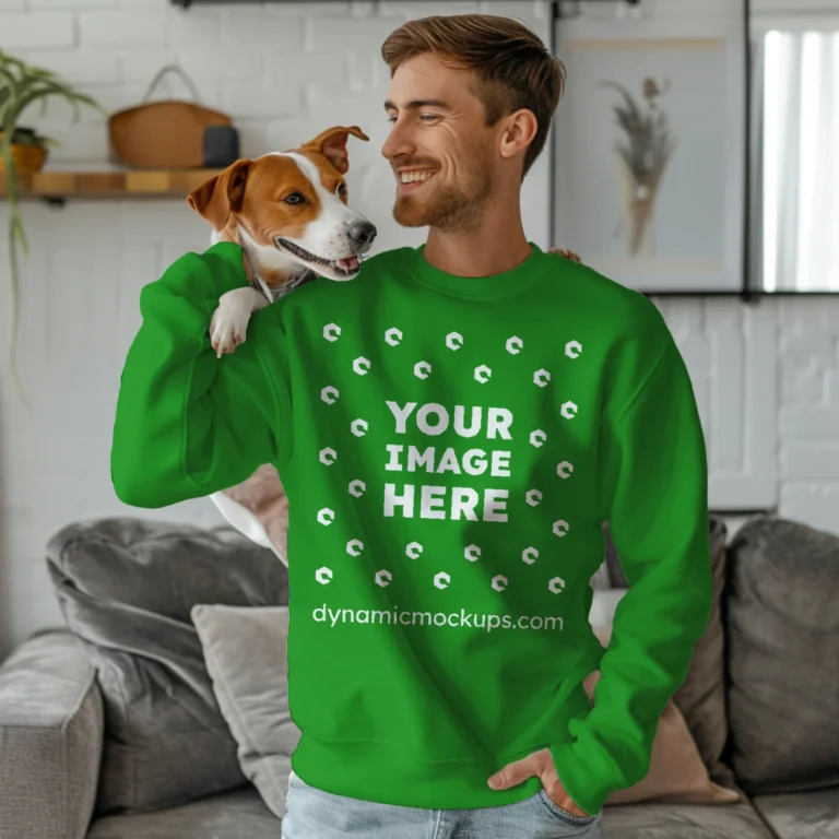 Man Wearing Green Sweatshirt Mockup Front View Template