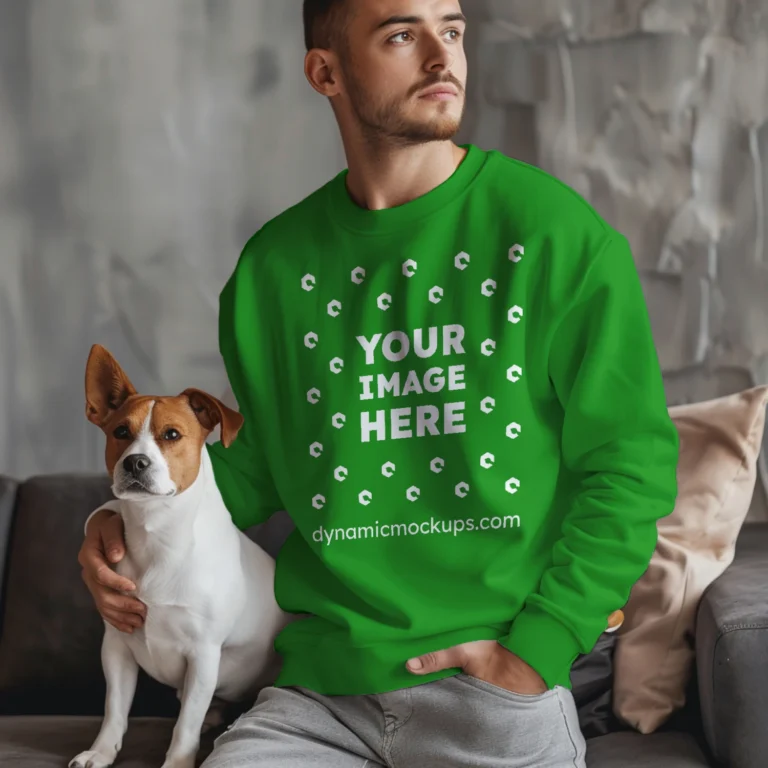 Man Wearing Green Sweatshirt Mockup Front View Template