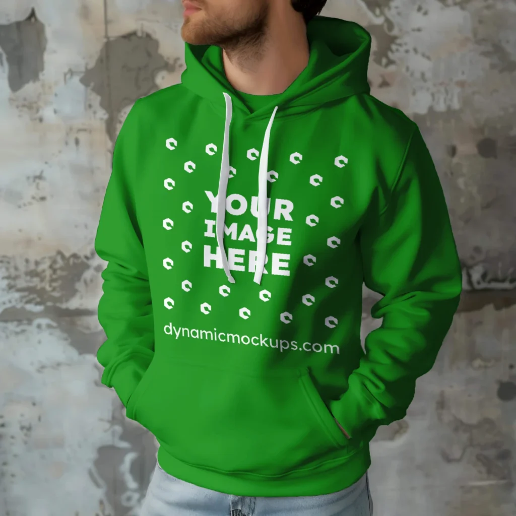 Man Wearing Green Hoodie Mockup Front View Template