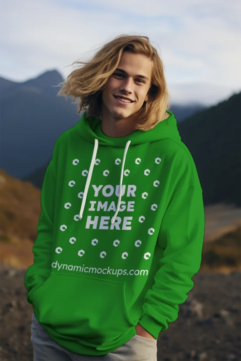 Man Wearing Green Hoodie Mockup Front View Template