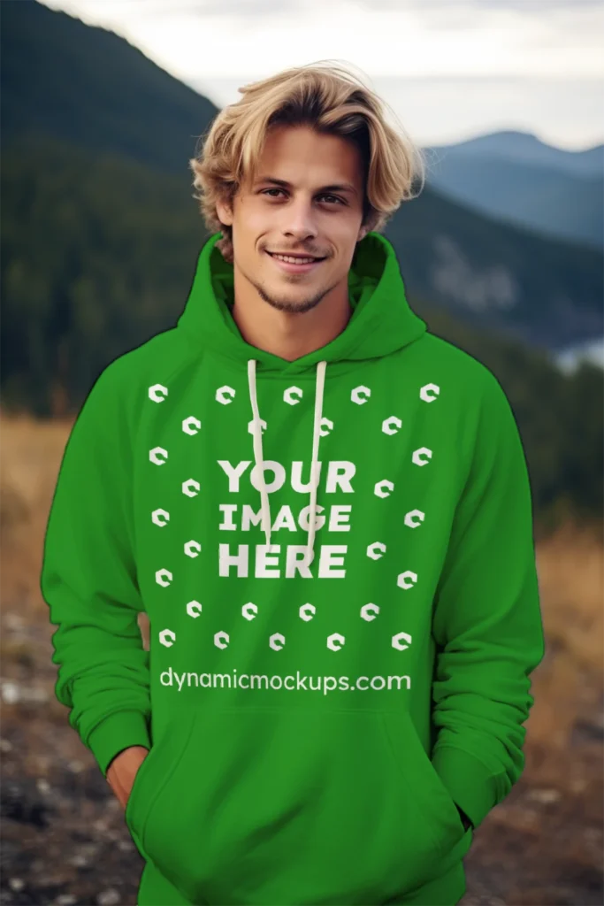 Man Wearing Green Hoodie Mockup Front View Template