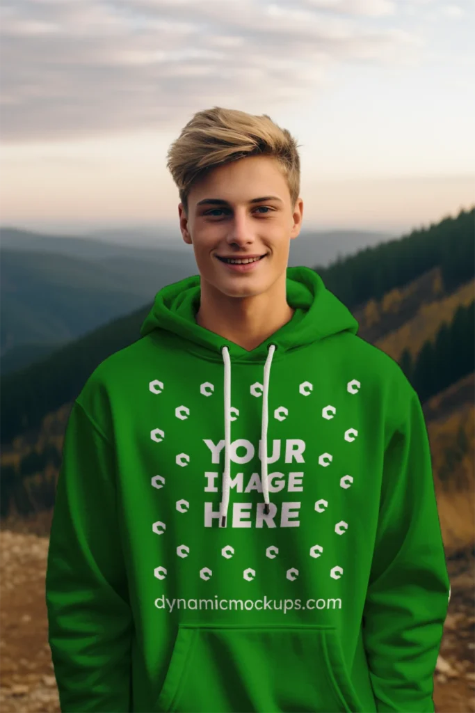 Man Wearing Green Hoodie Mockup Front View Template