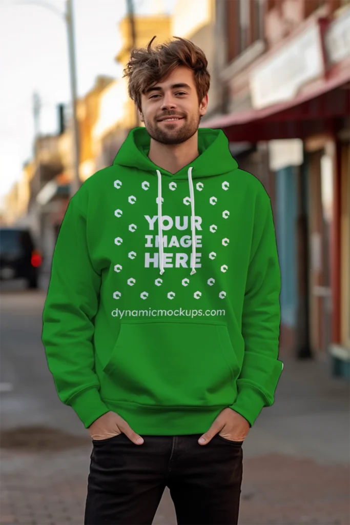 Man Wearing Green Hoodie Mockup Front View Template