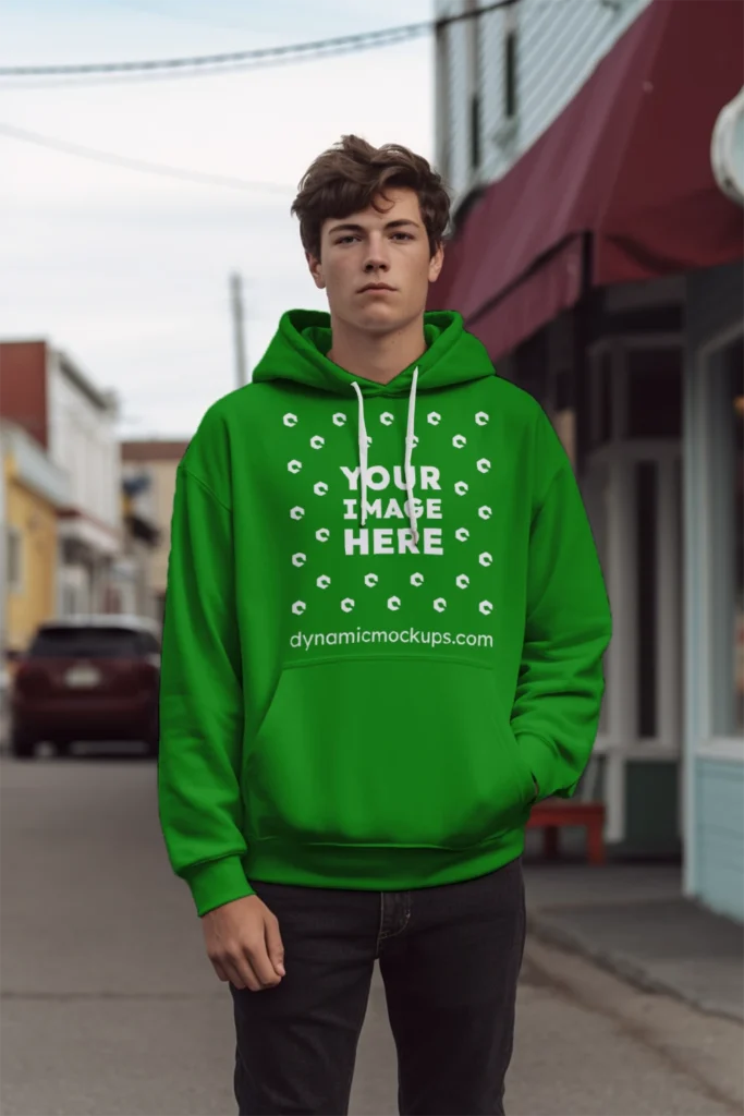 Man Wearing Green Hoodie Mockup Front View Template