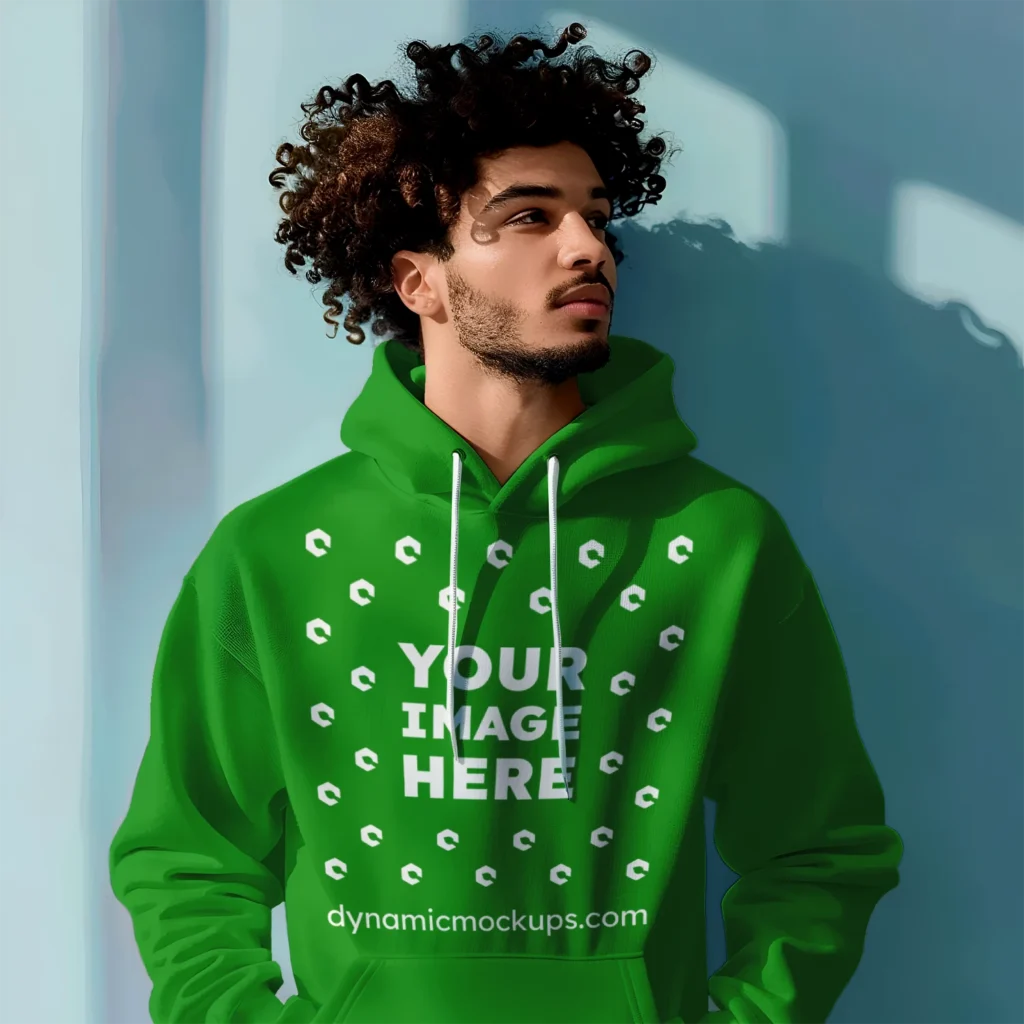 Man Wearing Green Hoodie Mockup Front View Template