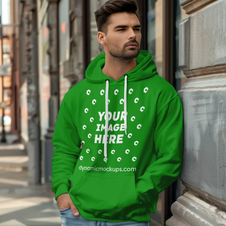 Man Wearing Green Hoodie Mockup Front View Template