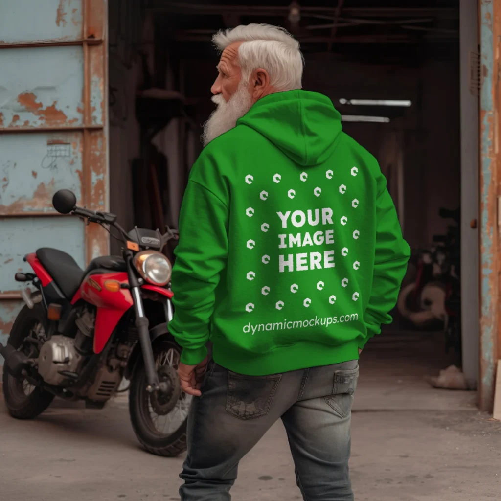 Man Wearing Green Hoodie Mockup Back View Template