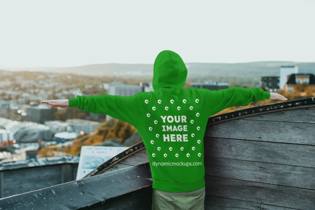 Man Wearing Green Hoodie Mockup Back View Template