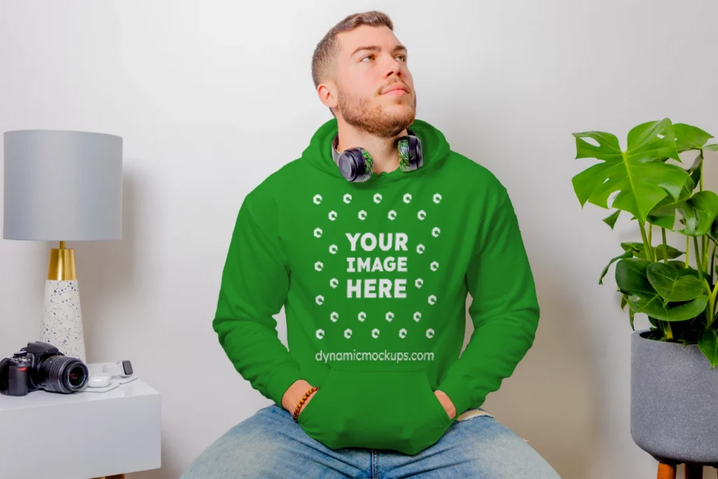 Man Wearing Green Hoodie Mockup Front View Template