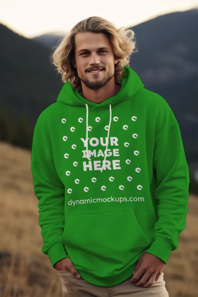 Man Wearing Green Hoodie Mockup Front View Template