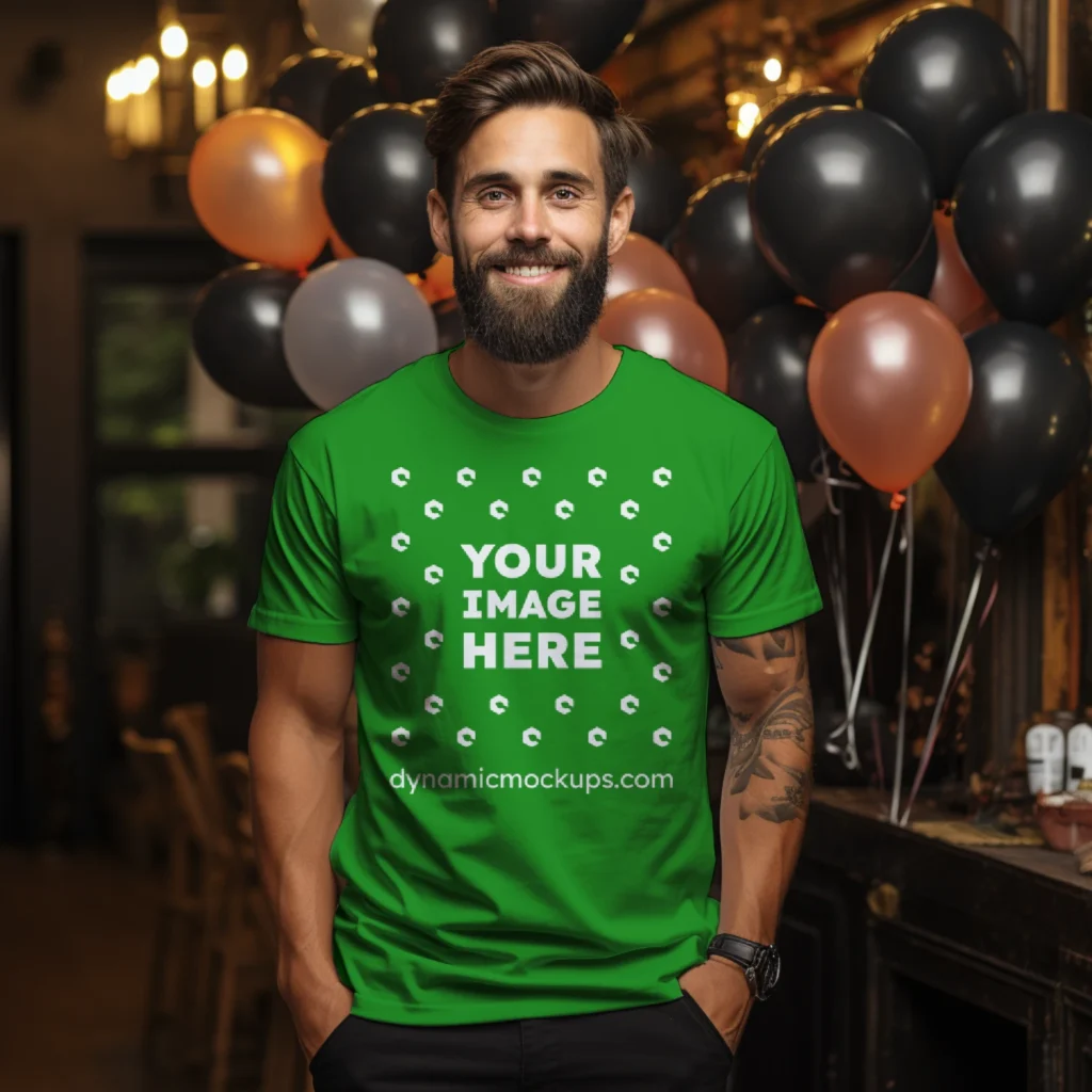 Man Wearing Green T-shirt Mockup Front View Template