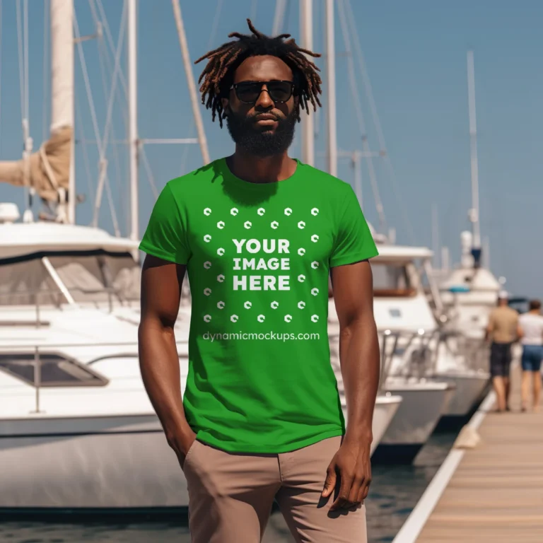 Man Wearing Green T-shirt Mockup Front View Template