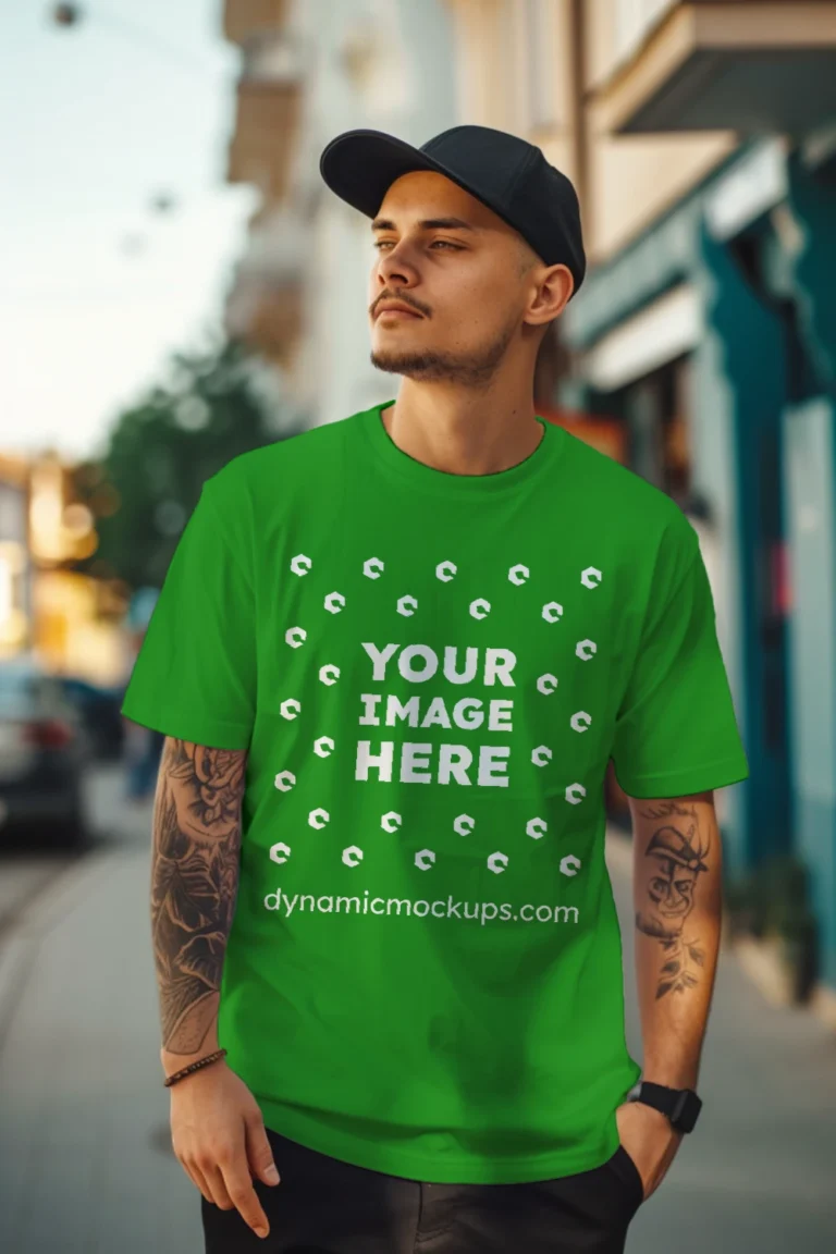 Man Wearing Green T-shirt Mockup Front View Template