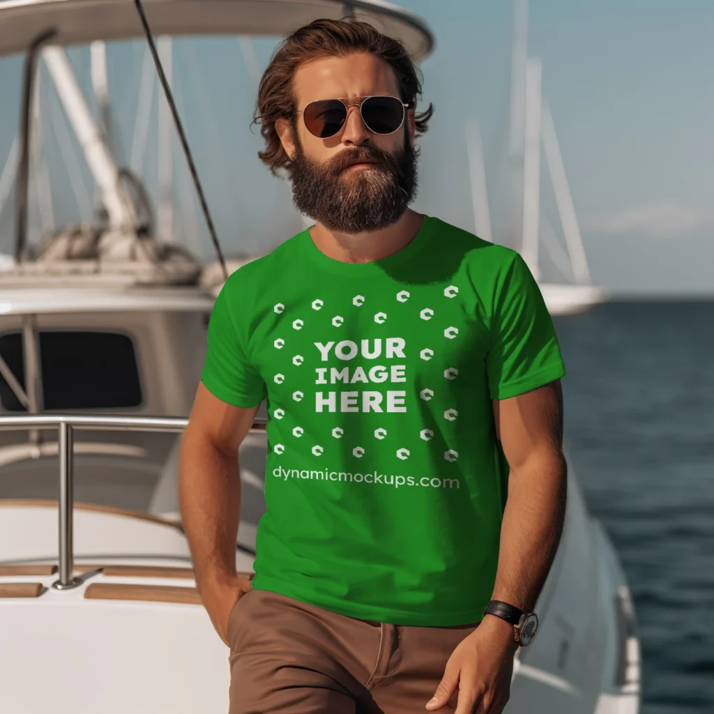 Man Wearing Green T-shirt Mockup Front View Template