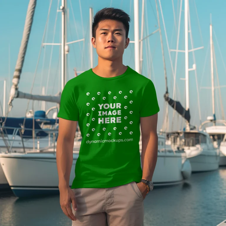 Man Wearing Green T-shirt Mockup Front View Template