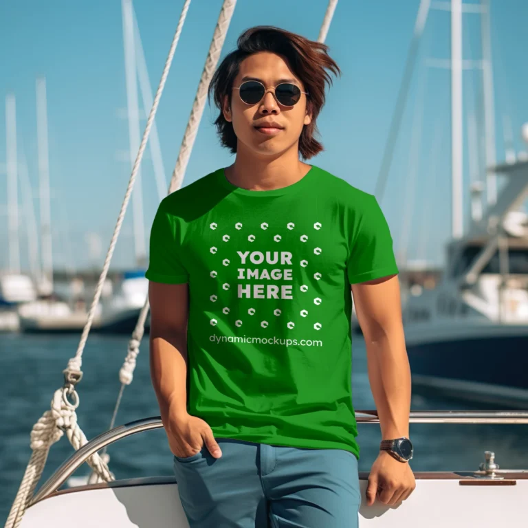 Man Wearing Green T-shirt Mockup Front View Template