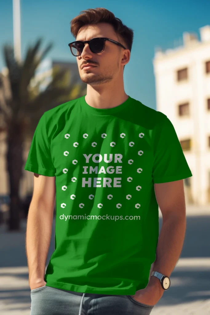 Man Wearing Green T-shirt Mockup Front View Template