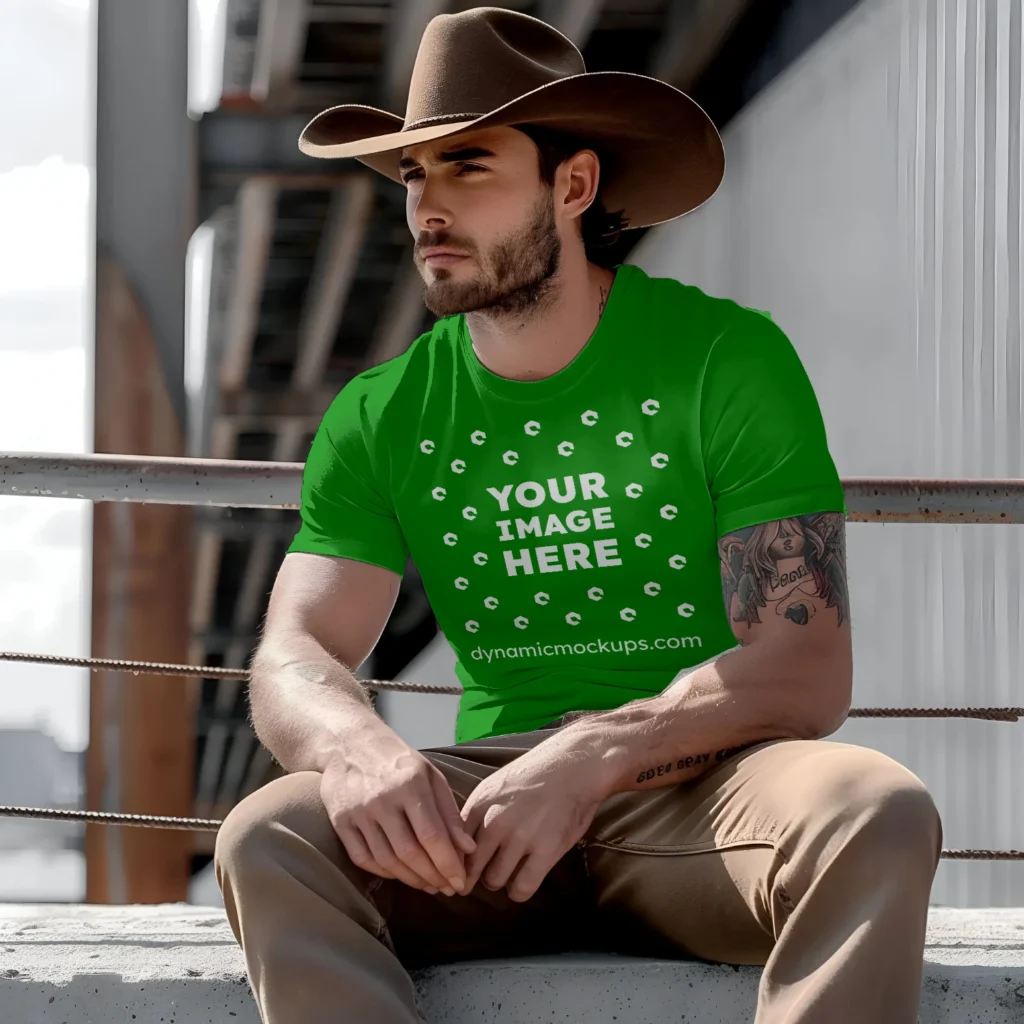 Man Wearing Green T-shirt Mockup Front View Template