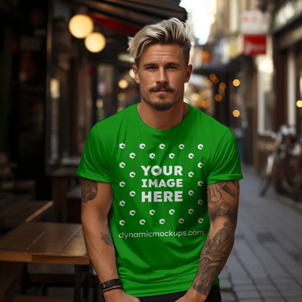 Man Wearing Green T-shirt Mockup Front View Template