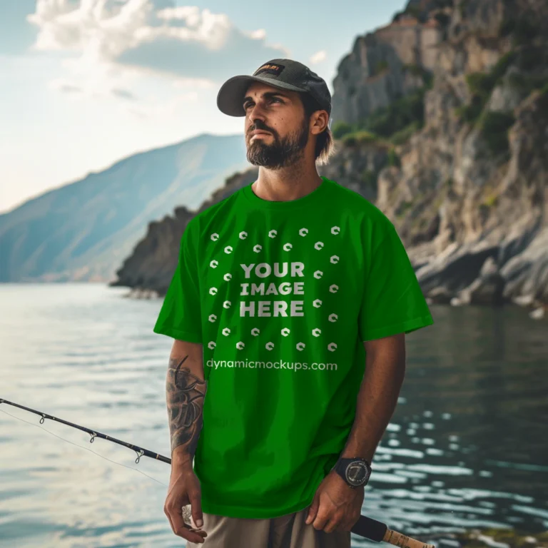 Man Wearing Green T-shirt Mockup Front View Template