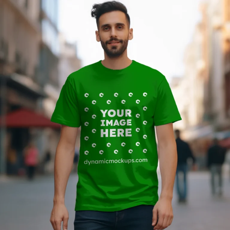 Man Wearing Green T-shirt Mockup Front View Template