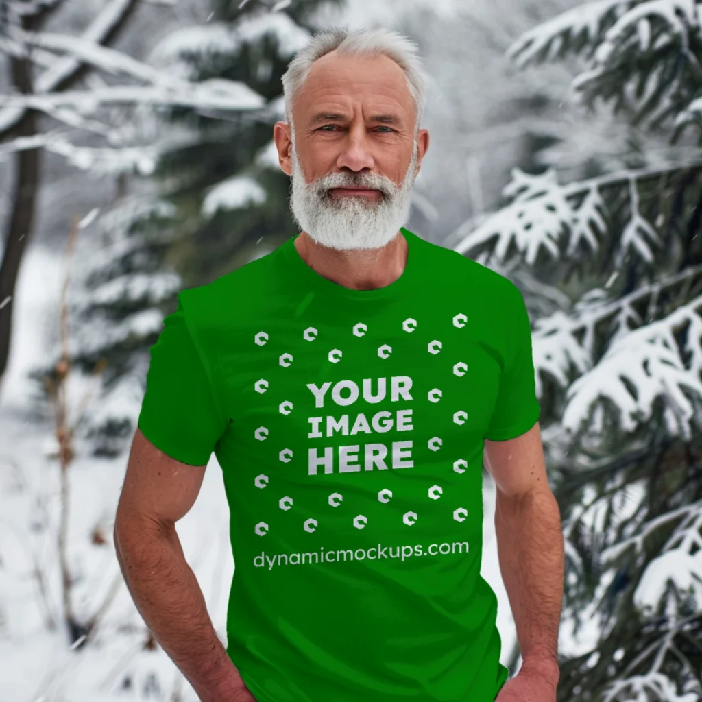 Man Wearing Green T-shirt Mockup Front View Template