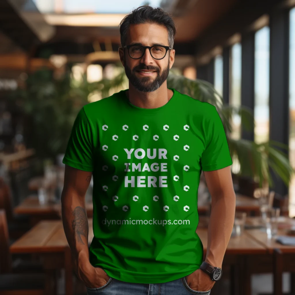 Man Wearing Green T-shirt Mockup Front View Template