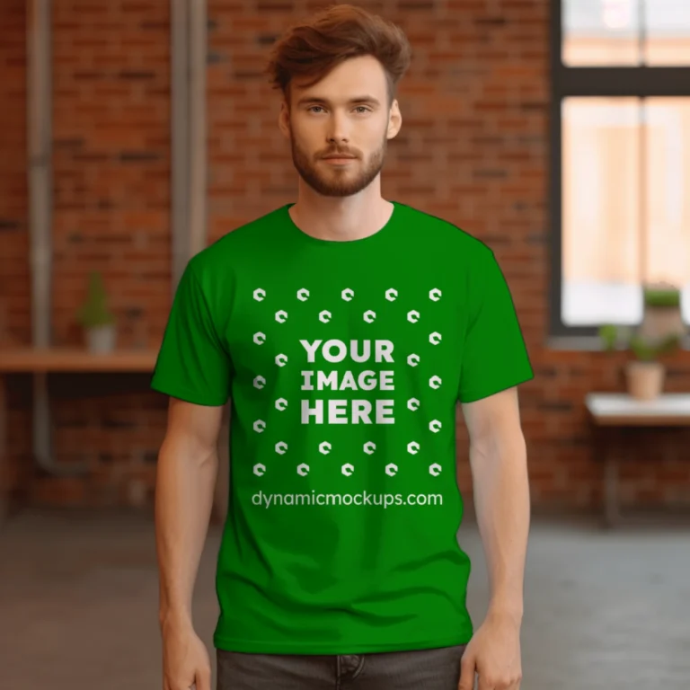 Man Wearing Green T-shirt Mockup Front View Template