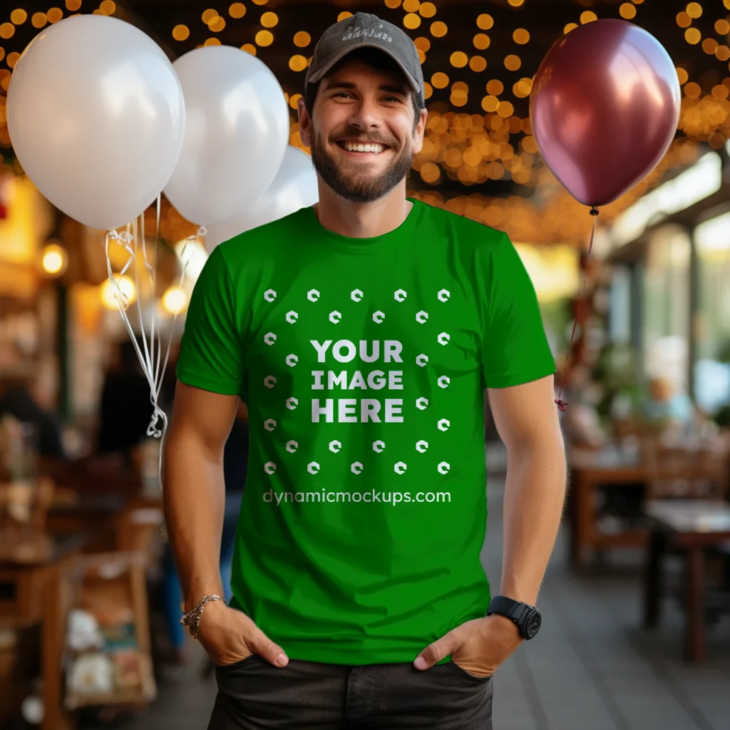 Man Wearing Green T-shirt Mockup Front View Template