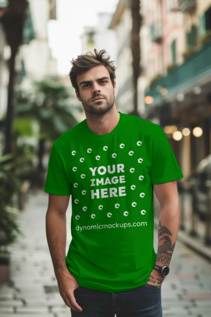 Man Wearing Green T-shirt Mockup Front View Template