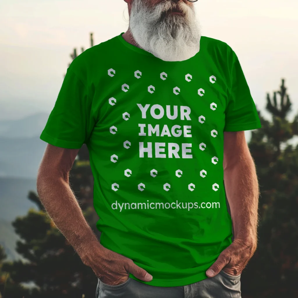 Man Wearing Green T-shirt Mockup Front View Template