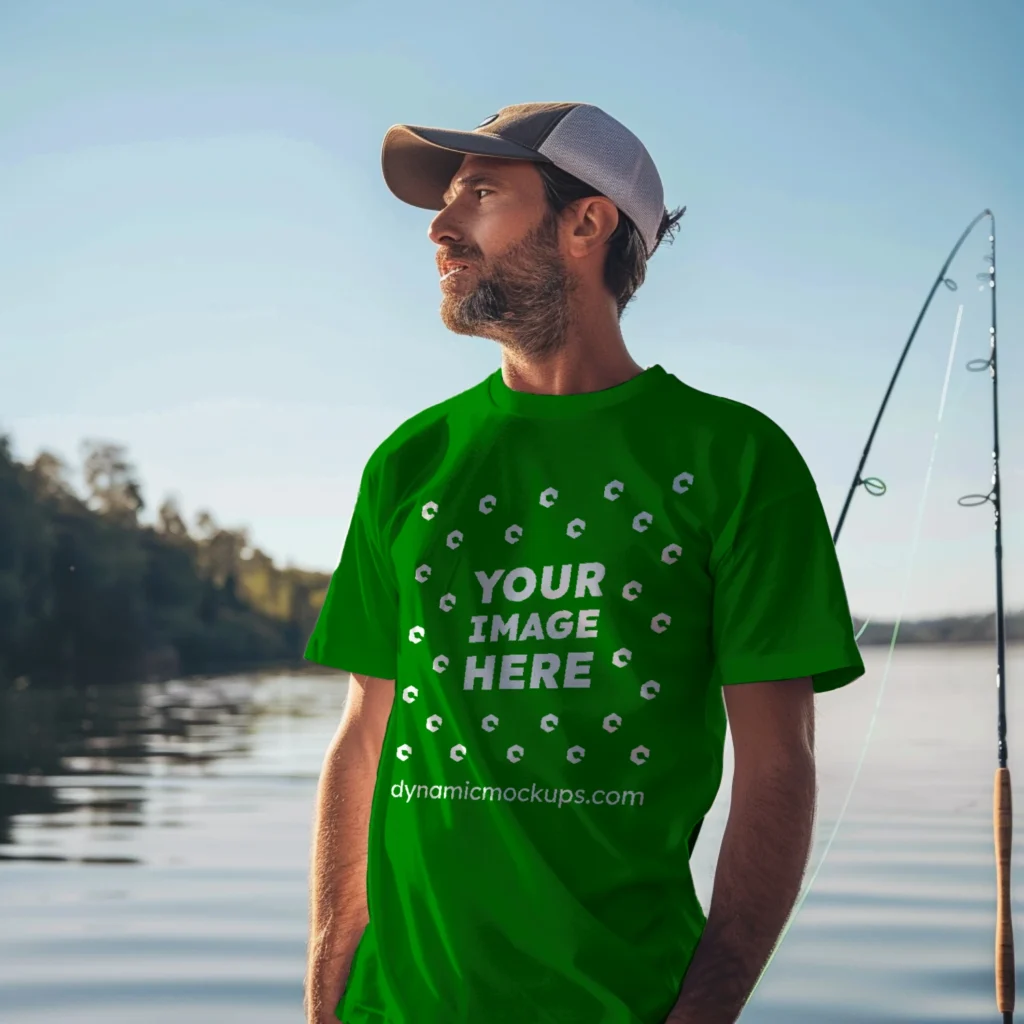 Man Wearing Green T-shirt Mockup Front View Template