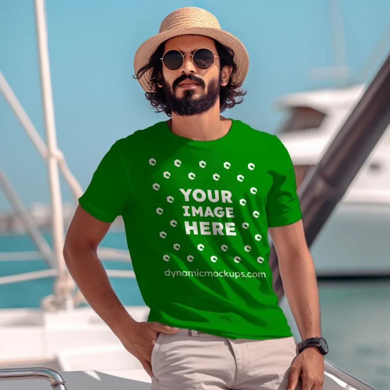 Man Wearing Green T-shirt Mockup Front View Template