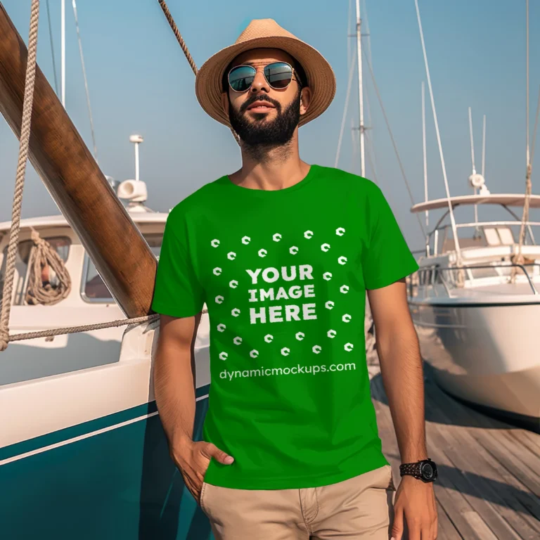 Man Wearing Green T-shirt Mockup Front View Template